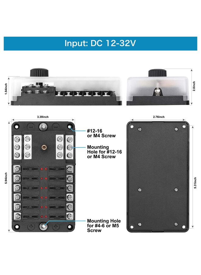 يُسلِّم صندوق فيوزات 12 فولت ذو 12 مخرجًا، حامل فيوزات شفرة 12 فولت، صندوق فيوزات مقاوم للماء ذو 12 دائرة مع ناقل سالب ومؤشر LED للسيارات 12 فولت/24 فولت، عربات الجولف، الشاحنات، السيارات، القوارب، المركبات البحرية، المركبات الترفيهية، الشاحنات الصغيرة - Image 1